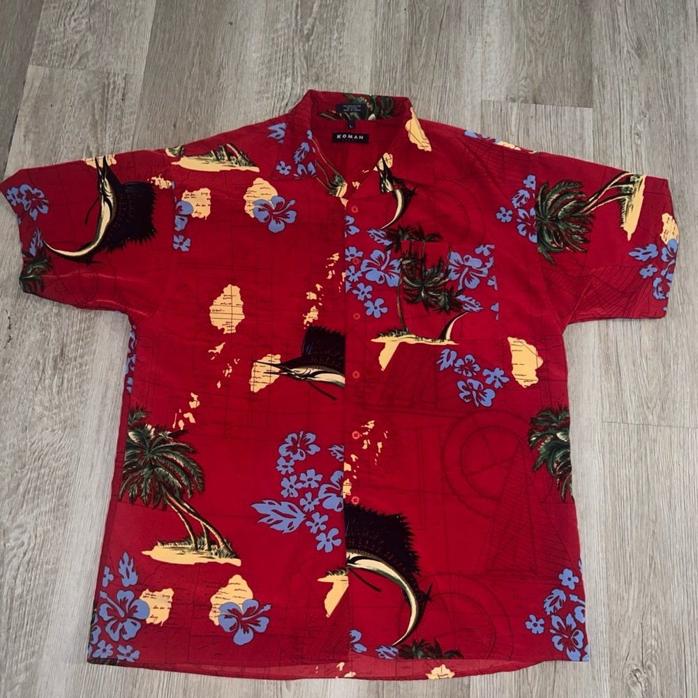 Vintage Hawaiian Koman Sport Large Shirt Mens RED/SPADE FISH / PALM TREE